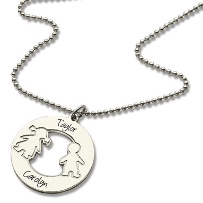 Circle Necklace With Engraved Children Name Charms Sterling Silver - All Birthstone™