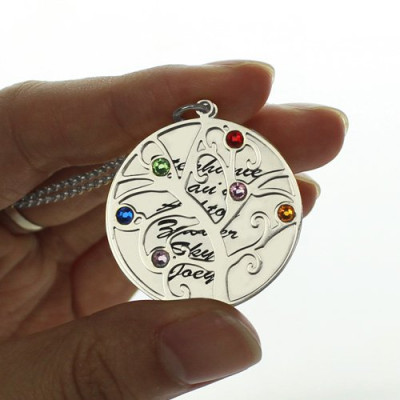 Family Tree Pendant Necklace With Birthstone Silver  - All Birthstone™