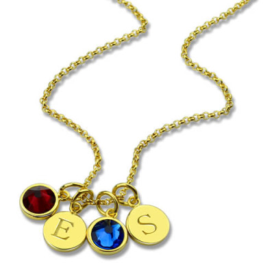 Custom Double Discs Initial Necklace with Birthstones In Gold  - All Birthstone™