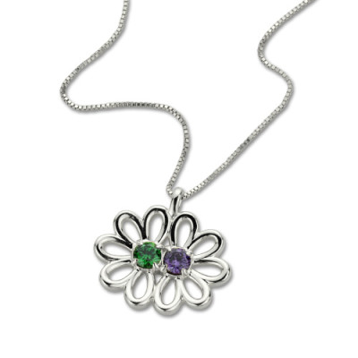 Personalised Double Flower Pendant with Birthstone Sterling Silver  - All Birthstone™