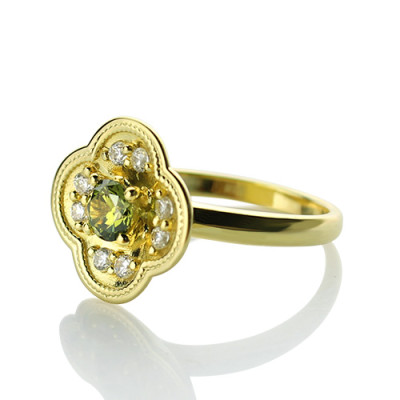 Blossoming Engagement Ring Engraved Birthstone 18ct Gold Plated  - All Birthstone™