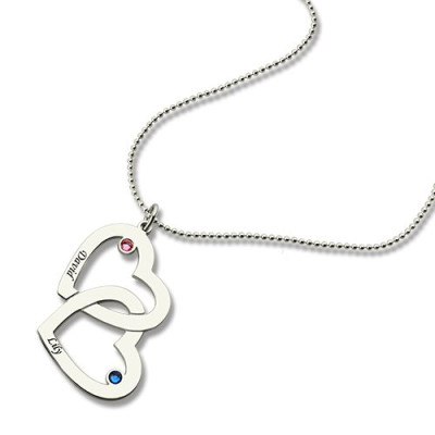 Double Heart Necklace with Name  Birthstones Sterling Silver  - All Birthstone™