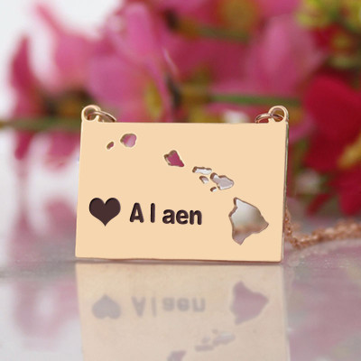 Custom Hawaii State Shaped Necklaces With Heart  Name Rose Gold - All Birthstone™