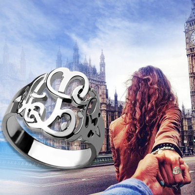 Personalised Hand Drawing Monogrammed Ring Silver - All Birthstone™