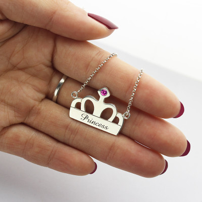Crown Charm Neckalce with Birthstone  Name Sterling Silver  - All Birthstone™