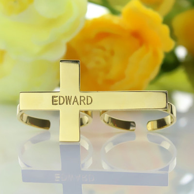 Engraved Name Two finger Cross Ring 18ct Gold Plated - All Birthstone™