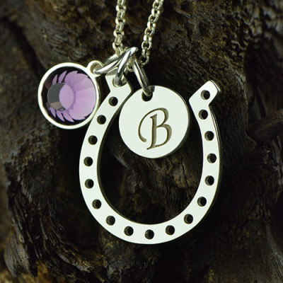 Horseshoe Good Luck Necklace with Initial  Birthstone Charm  - All Birthstone™