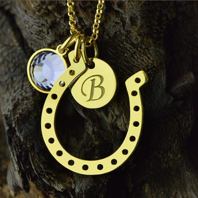 Birthstone Horseshoe Lucky Necklace with Initial Charm 18ct Gold Plate  - All Birthstone™
