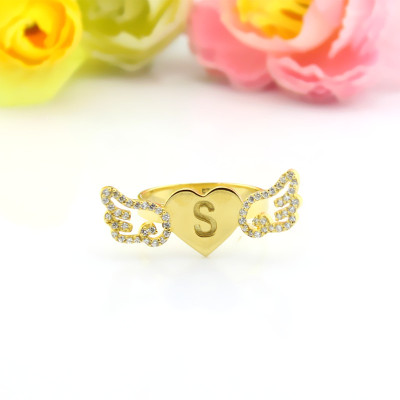 Angel Wings Heart Ring with Birthstone  Initial 18ct Gold Plated  - All Birthstone™