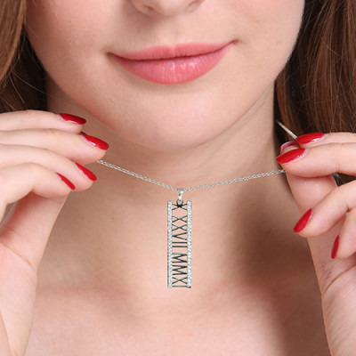 Roman Numeral Vertical Necklace With Birthstones Sterling Silver  - All Birthstone™