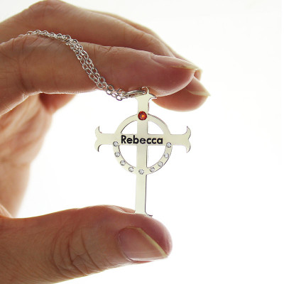 Personalised Circle Cross Necklaces with Birthstone  Name Silver  - All Birthstone™