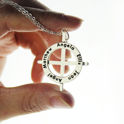 Silver Latin Style Circle Cross Necklace with Any Names - All Birthstone™