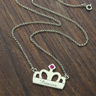 Crown Charm Neckalce with Birthstone  Name Sterling Silver  - All Birthstone™