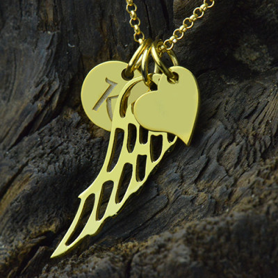 Good Luck Angel Wing Necklace with Initial Charm 18ct Gold Plated - All Birthstone™