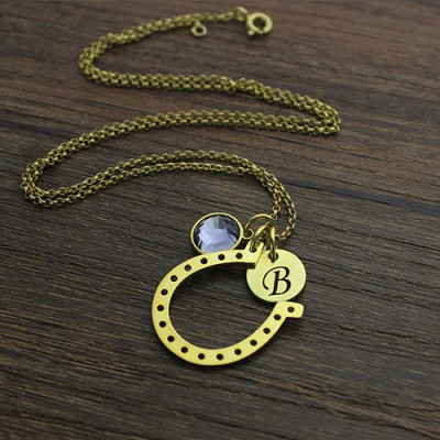 Birthstone Horseshoe Lucky Necklace with Initial Charm 18ct Gold Plate  - All Birthstone™