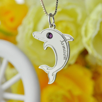 Dolphin Necklace with Birthstone  Name Sterling Silver  - All Birthstone™