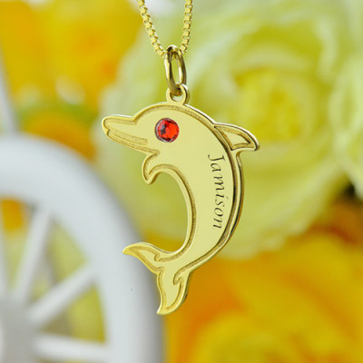 Dolphin Pendant Necklace with Birthstone  Name 18ct Gold Plated  - All Birthstone™