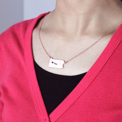 Personalised PA State USA Map Necklace With Heart  Name Rose Gold - All Birthstone™