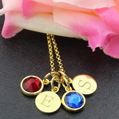 Custom Double Discs Initial Necklace with Birthstones In Gold  - All Birthstone™