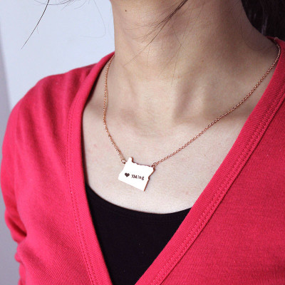 Custom Oregon State USA Map Necklace With Heart  Name Rose Gold - All Birthstone™