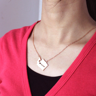 Washington State USA Map Necklace With Heart  Name Rose Gold - All Birthstone™
