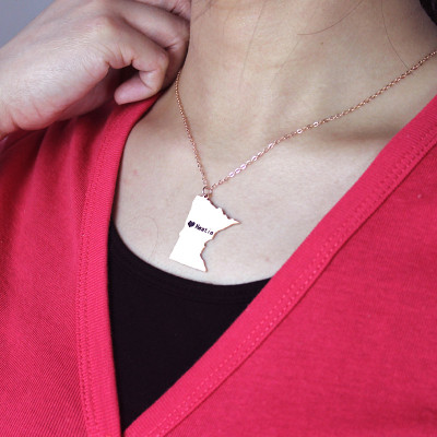 Custom Minnesota State Shaped Necklaces With Heart  Name Rose Gold - All Birthstone™