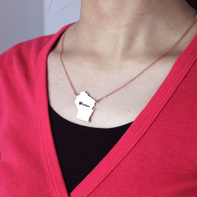 Custom Wisconsin State Shaped Necklaces With Heart  Name Rose Gold - All Birthstone™
