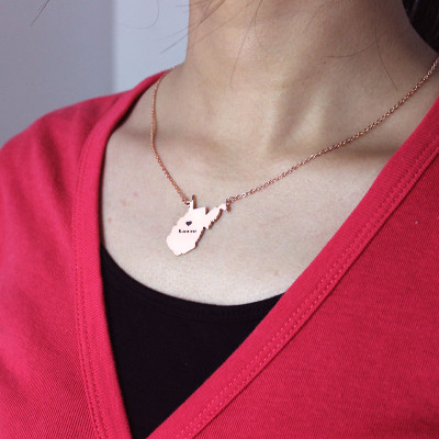 West Virginia State Shaped Necklaces With Heart  Name Rose Gold - All Birthstone™