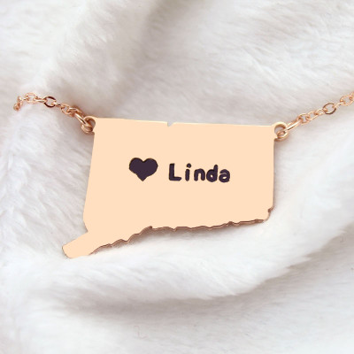 Connecticut Connecticut State Shaped Necklaces With Heart  Name Rose Gold - All Birthstone™