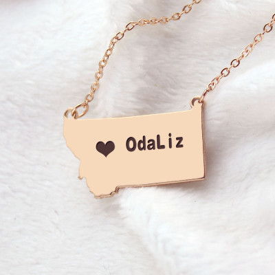 Custom Montana State Shaped Necklaces With Heart  Name Rose Gold - All Birthstone™