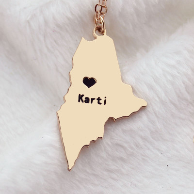 Custom Maine State Shaped Necklaces With Heart  Name Rose Gold - All Birthstone™