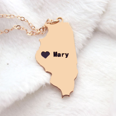 Custom Illinois State Shaped Necklaces With Heart  Name Rose Gold - All Birthstone™
