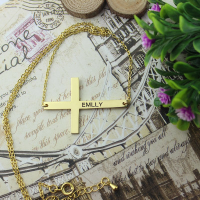 Gold Plated Silver Latin Cross Necklace Engraved Name 1.6" - All Birthstone™