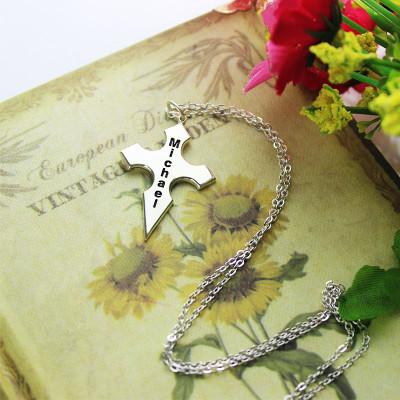 Silver Conical Shape Cross Name Necklace - All Birthstone™