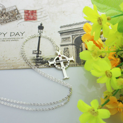 Personalised Circle Cross Necklaces with Birthstone  Name Silver  - All Birthstone™