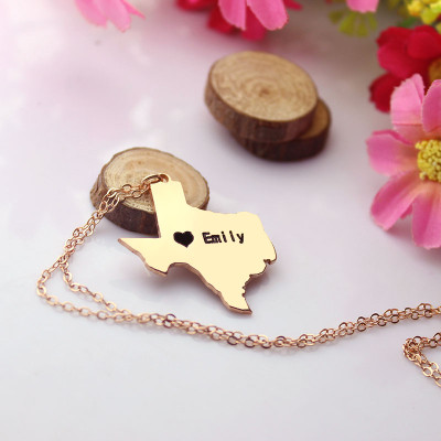 Texas State USA Map Necklace With Heart  Name Rose Gold - All Birthstone™