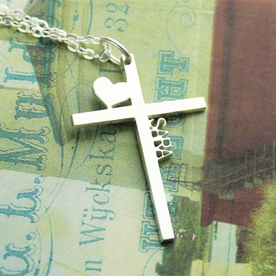 Personalised Silver Cross Name Necklace with Heart - All Birthstone™