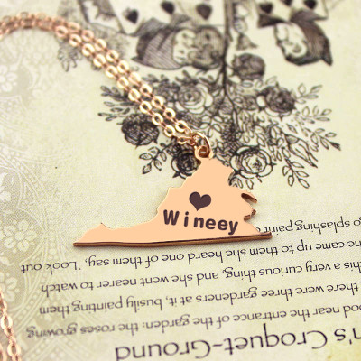 Virginia State USA Map Necklace With Heart  Name Rose Gold - All Birthstone™