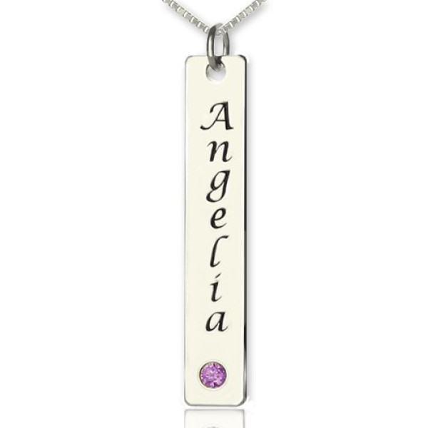 Vertical Bar Necklace Name Tag Silver - All Birthstone™