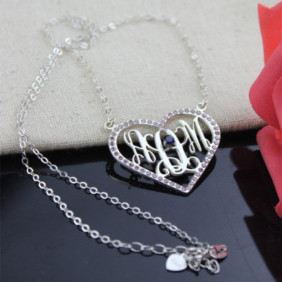 Sterling Silver Heart Birthstone Monogram Necklace  - All Birthstone™