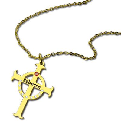 Circle Cross Necklaces with Birthstone  Name 18ct Gold Plated Silver  - All Birthstone™