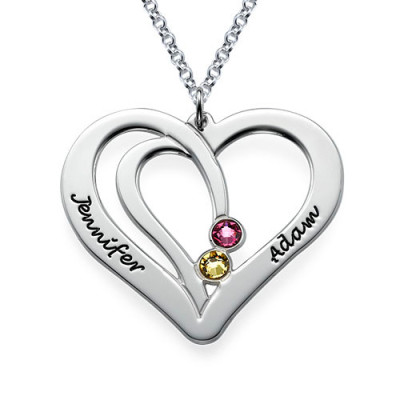 Engraved Couples Birthstone Necklace in Silver  - All Birthstone™