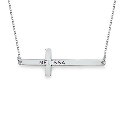 Engraved Silver Sideways Cross Necklace - All Birthstone™