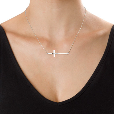 Engraved Silver Sideways Cross Necklace - All Birthstone™