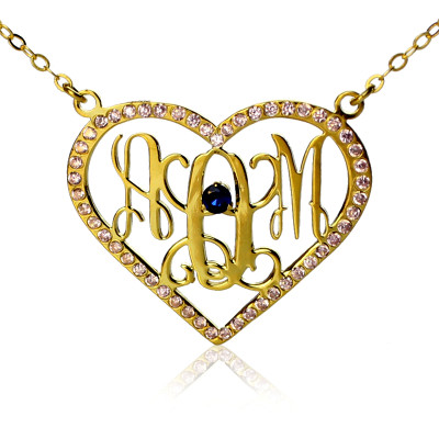 Birthstone Heart Monogram Necklace 18ct Gold Plated  - All Birthstone™