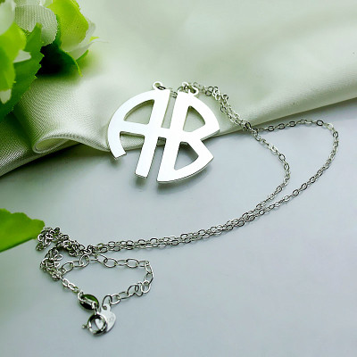 Two Initial Block Monogram Pendant Necklace Solid White Gold - All Birthstone™