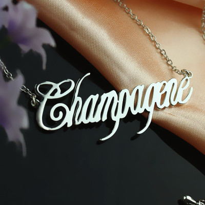Solid White Gold Personalised Champagne Font Name Necklace - All Birthstone™