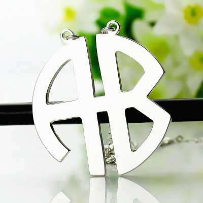 Two Initial Block Monogram Pendant Necklace Solid White Gold - All Birthstone™