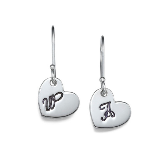 Silver Dangling Heart Earrings with Initial - All Birthstone™