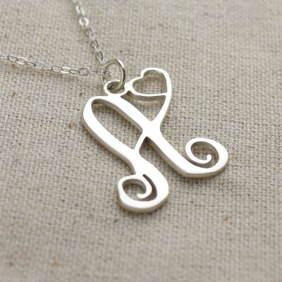 One Initial Monogram With Heart Necklace Silver - All Birthstone™